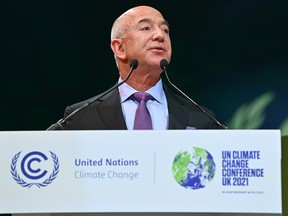 Former Amazon CEO Jeff Bezos, speaking during the UN Climate Change Conference (COP26) in Glasgow, Scotland, Nov. 2, 2021, is donating $100 million to the Obama Foundation.
