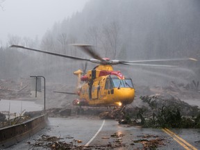 An RCAF Cormorant pictured in the midst of an operation to free more than 311 people (and 26 dogs) who became stranded near Agassiz, B.C. when landslides washed out roads on both sides of them.