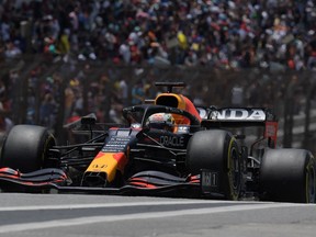 Red Bull's Dutch driver Max Verstappen powers his car during the second session free practice at the Autodromo Jose Carlos Pace, or Interlagos racetrack, in Sao Paulo, on Nov. 13, 2021, ahead of Brazil's Formula One Sao Paulo Grand Prix.