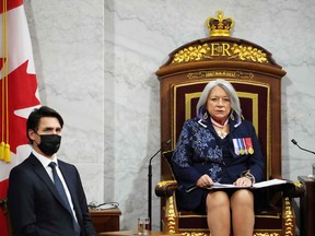 Governor General Mary Simon delivers the Throne Speech as Canadian Prime Minister Justin Trudeau looks on in the Senate of Canada in Ottawa, Ontario November 23, 2021.
