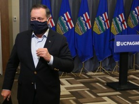 Alberta Premier Jason Kenney leaves a press conference at the end of the UCP annual general meeting on Sunday, November 21, 2021. 
Gavin Young/Postmedia