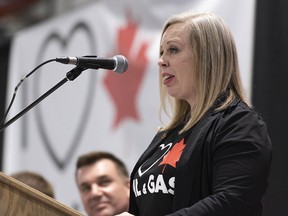 Saskatchewan Senator Denise Batters, seen at a pro-pipeline rally in Saskatchewan in 2019, launched a petition calling for Erin O'Toole to be ousted as leader of the Conservative party.