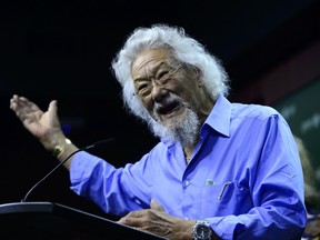 Environmentalist David Suzuki joins Green Party Leader Elizabeth May during a press conference on Parliament Hill in Ottawa on Friday, June 14, 2019.