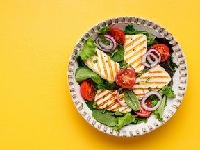 Halloumi cheese is often served grilled on a green salad, topping a burger, or as part of a kabob.