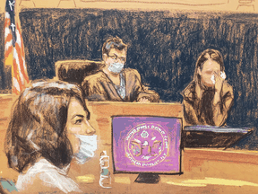 In this courtroom sketch, witness "Jane" testifies during Ghislaine Maxwell's sex trafficking trial in New York City, November 30, 2021.