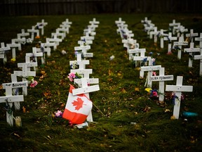Crosses are displayed in memory of the elderly who died from COVID-19 at the Camilla Care Community facility during the COVID-19 pandemic in Mississauga, Ont., on Thursday, November 19, 2020.  THE CANADIAN PRESS/Nathan Denette