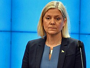 Sweden's Prime Minister-elect Magdalena Andersson addresses a press conference after the budget vote in the Swedish parliament on November 24, 2021.