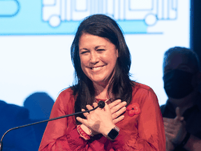 Marie-Josee Savard gives a victory speech after she was mistakenly led to believe she was elected mayor of Quebec City, Sunday Nov. 7, 2021. On Monday morning, with her opponent ahead by 739 votes, Savard conceded defeat.