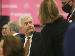 Air Canada CEO Michael Rousseau speaks with members of the Montreal Chamber of Commerce on Nov. 10, 2021. Rousseau has come under heavy criticism for an English-only speech he delivered to the chamber.