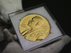 An Nobel prize medal is seen at the Science and Tech museum in Ottawa July 20, 2011.