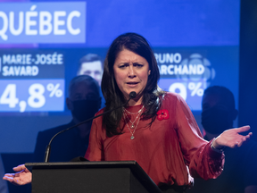 Quebec City mayoral candidate Marie-Josee Savard seen delivering a victory speech on Sunday night, before a swell of new ballots turned the election to her opponent.