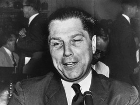 James R. Hoffa, then Vice-President of the Teamsters Union, testifies 20 August 1957 in Washington DC before the Senate Rackets Committee.