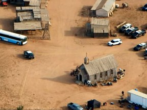 An aerial view of the film set on Bonanza Creek Ranch where Hollywood actor Alec Baldwin fatally shot cinematographer Halyna Hutchins and wounded a director when he discharged a prop gun on the movie set of the film "Rust" in Santa Fe, New Mexico, U.S., in this frame grab taken from October 21, 2021 television footage. KOB TV News/Handout via REUTERS