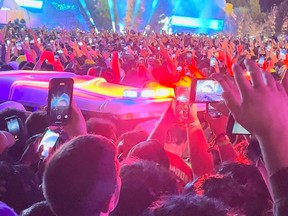 An ambulance is seen in the crowd during the Astroworld music festiwal in Houston, Texas, U.S., November 5, 2021 in this still image obtained from a social media video on November 6, 2021.