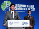 Prime Minister Justin Trudeau and Minister of Environment and Climate Change Steven Guilbeault hold a press conference at COP26 in Glasgow, Scotland on Nov. 2, 2021.