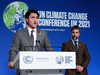 Prime Minister Justin Trudeau and Minister of Environment and Climate Change Steven Guilbeault hold a press conference at COP26 in Glasgow, Scotland on Nov. 2, 2021.