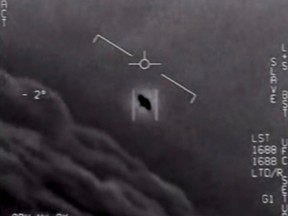 This file video grab image obtained April 26, 2020 courtesy of the US Department of Defense shows part of an unclassified video taken by Navy pilots that have circulated for years showing interactions with "unidentified aerial phenomena".