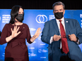 Montreal mayoral candidates Valérie Plante and Denis Coderre at a campaign debate in September.