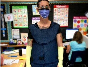This is an educator at a school in southwestern Ontario who wears a padded vest and face protection to protect her from violent students.