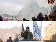 Top: Supporters of U.S. President Donald Trump clash with police in front of the U.S. Capitol Building in Washington, D.C., on Jan. 6. Bottom: Taliban forces ride in a car during a military parade in Kabul, on Nov. 14.