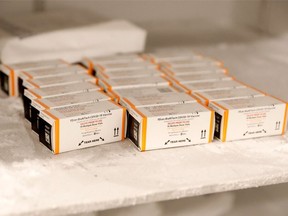Boxes of the Pfizer Covid-19 vaccine to be administered to children from 5-11 years old are seen at the Beaumont Health offices in Southfield, Michigan on November 5, 2021.