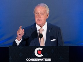 Former prime minister Brian Mulroney speaks at a Conservative campaign rally on Sept. 15 in Orford, Que.