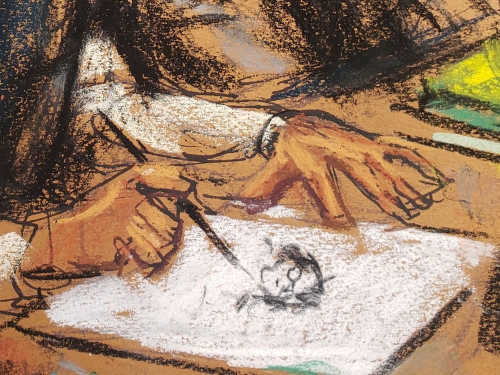 Ghislaine Maxwell stares at the courtroom artist and sketches her right