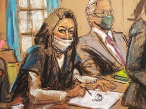 Ghislaine Maxwell, the Jeffrey Epstein associate accused of sex trafficking, makes a sketch of court artists during a pre-trial hearing ahead of jury selection, in a courtroom sketch in New York City, U.S., November 1, 2021