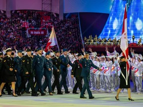 The Canadian Armed Forces delegation at the 7th CISM Military World Games held in Wuhan, China on 16 October, 2019. Many of the athletes would later report coming down with severe COVID-like symptoms at the games.