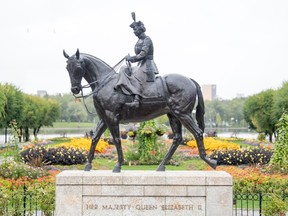 Queen Elizabeth II rides her favourite horse, a Saskatchewan-born black mare named Burmese, which was a gift in 1969 by the Royal Canadian Mounted Police. The piece was sculpted by Saskatchewan artist Susan Velder