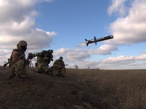Ukrainian servicemen fire a FGM-148 Javelin, a U.S. anti-tank missile, during training this week in Donetsk region.