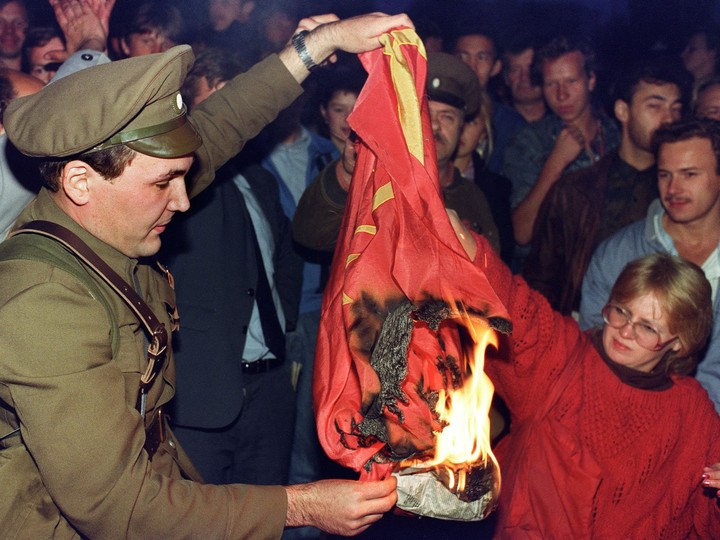  Crowds burn a Soviet flag in this photo from 1991, the last year of the Soviet Union. This is not what Jack Wagner saw coming.