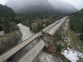The Coquihalla Highway pictured just three days after extreme rains washed out the roadway in 20 places. At the time, provincial officials projected the highway wouldn't be reopening until spring at the earliest. Incredibly, it will reopen to commercial traffic next week.