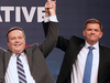 Brian Jean (right) pictured with Jason Kenney in 2017 just after Kenney beat him for leadership of the United Conservative Party.