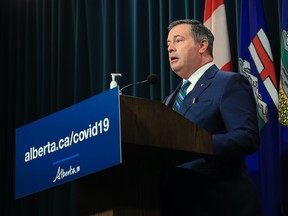 Premier Jason Kenney updates Alberta’s response to the COVID-19 pandemic during a press conference in Calgary on December 15, 2021.