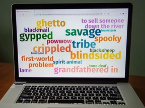 A monitor displays a word cloud created by the CBC to illustrate a list of 18 words it says should not be used.