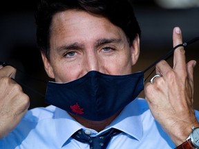 Prime Minister Justin Trudeau on Aug. 16, 2021. More recently, he has been spotted in a black surgical mask.