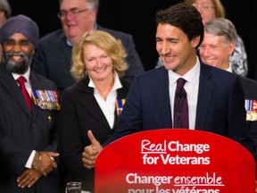 Justin Trudeau promises "Real Change for Veterans" during a campaign stop in Belleville, Ont., ahead of the 2015 election.