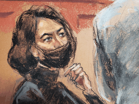 Ghislaine Maxwell watches as witness Eva Andersson is questioned by defense attorney Jeffrey Pagliuca during Maxwell's trial on sex trafficking charges, in a courtroom sketch in New York City, December 17, 2021.