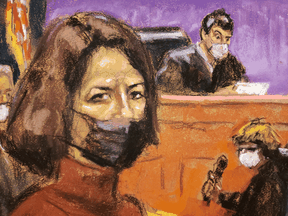 Jeffrey Epstein associate Ghislaine Maxwell listens as the guilty verdict in her sex abuse trial is read, in this courtroom sketch in New York City, December 29, 2021.