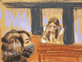 Ghislaine Maxwell listens as witness “Carolyn” answers question from Maurene Comey during the trial of Maxwell, the Jeffrey Epstein associate accused of sex trafficking, in a courtroom sketch in New York City on December 7, 2021.