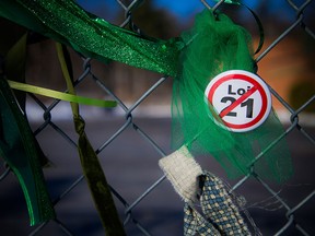 Green ribbons are tied to the fence of Chelsea Elementary School in Chelsea, Que., in support of teacher Fatemeh Anvari and to protest Bill 21. Anvari was removed from her classroom for defying the provincial secularism law and wearing a hijab to work.
