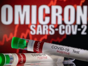 Test tubes labelled "COVID-19 Test Positive" are seen in front of displayed words "OMICRON SARS-COV-2" in this illustration taken December 11, 2021.