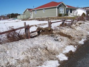 A photo showing the snow melting and sod draped over a broken fence