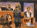 FBI Special Agent Kelly Maguire testifies as a picture of a massage table belonging to Jeffrey Epstein is shown during the trial of Ghislaine Maxwell, the Epstein associate accused of sex trafficking, in a courtroom sketch in New York City, December 6, 2021.