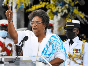 Barbados's Prime Minister Mia Mottley speaks during the Independence Day Parade in Bridgetown, Barbados, on November 30, 2021.