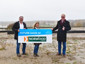 Norwood Industries Inc., a globally recognized manufacturer of portable sawmills, has purchased approximately 12 acres of industrial land in the Horne Business Park in Orillia. Pictured left to right are Norwood President Patrick Racine, Norwood Chief Executive Officer Ashlynne Dale, and Mayor Steve Clarke.