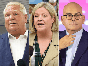 Left to right: Ontario Progressive Conservative Leader Doug Ford, Ontario NDP Leader Andrea Horwath, and Ontario Liberal Party Leader Steven Del Duca.
