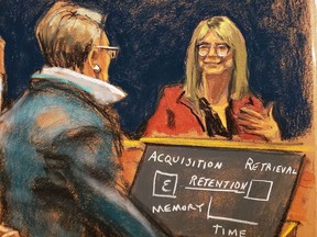 Attorney Bobbi Sternheim questions psychologist Elizabeth Loftus during the trial of Ghislaine Maxwell, the Jeffrey Epstein associate accused of sex trafficking, in a courtroom sketch in New York City, U.S., December 16, 2021
