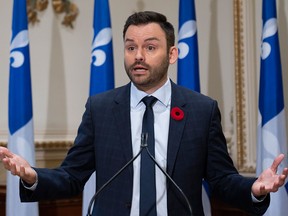 Parti Québécois Leader Paul St-Pierre Plamondon speaks to reporters at the Quebec legislature on Nov. 9, 2021. André Pratte says it is St-Pierre-Plamondon’s hope that by promoting a strong separatist platform he can woo Quebecers back to the flagging PQ.